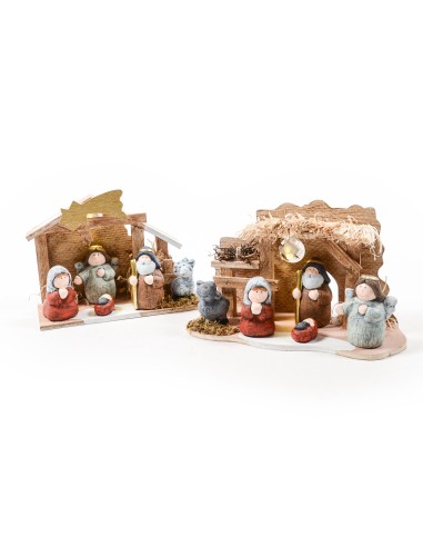 PRESEPE 5 PERSONAGGI IN CERAMICA E LEGNO CON LUCI