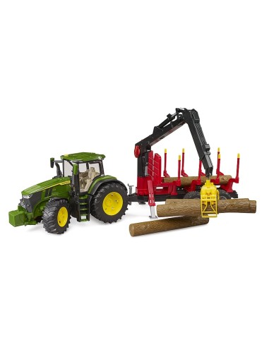 Trattore John Deere 7R con rimorchio forestale e 4 tronchi